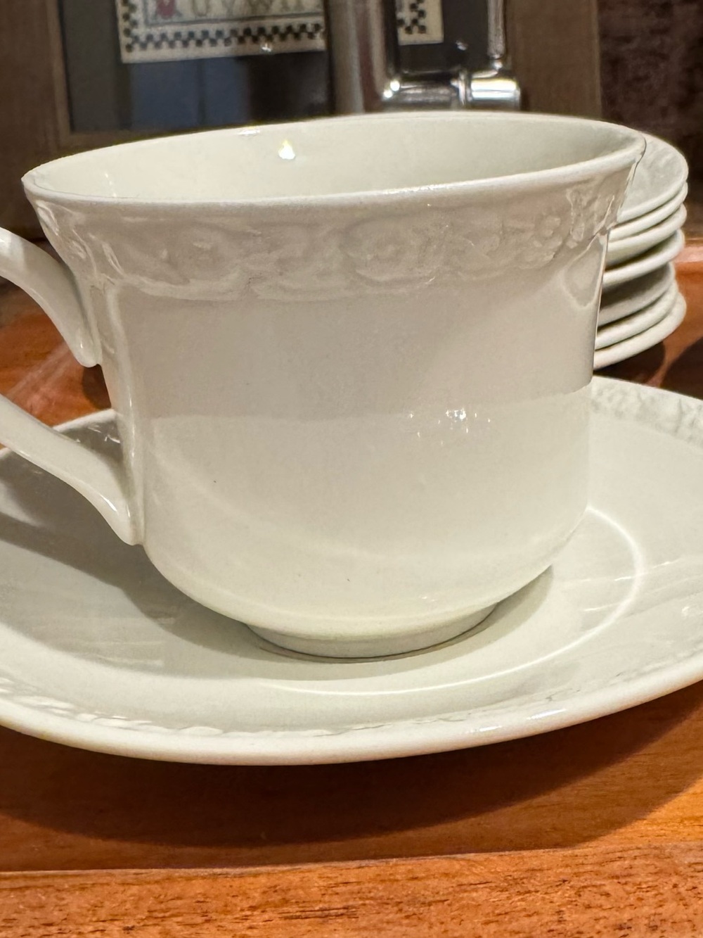 Wedgwood Hedge Rose White Embossed Ceramic Teacups and Saucers set of 8